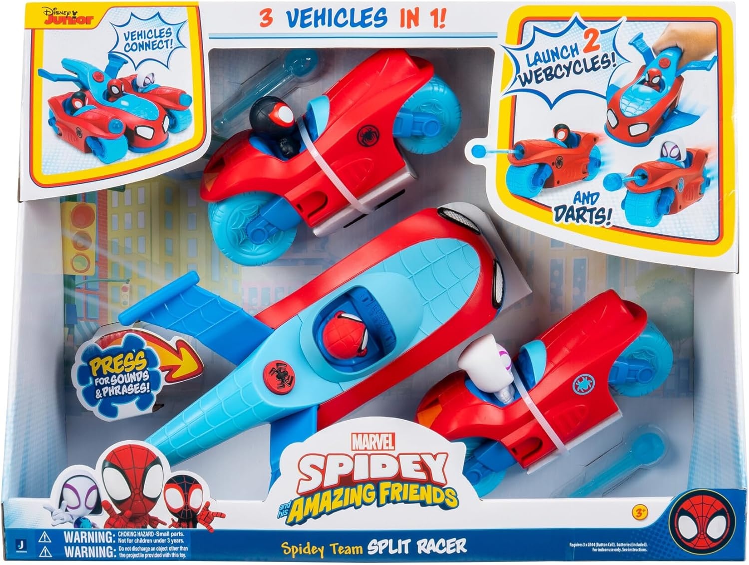 image:imageJazwares Marvel Spidey and His Amazing Friends Spidey Team Split Racer 85Inch ThreeinOne Vehicle with Web Darts Sound Effects and Phrases