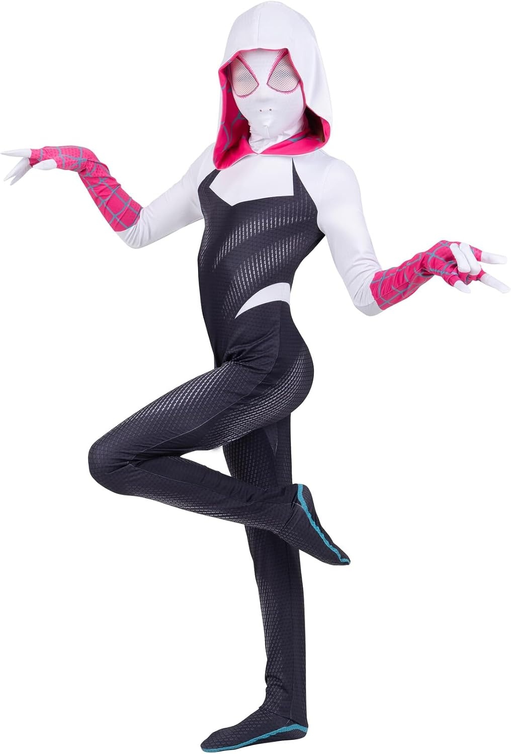 image:imageMARVEL SpiderGwen Official Youth Zentai Halloween Costume Hooded Spandex Jumpsuit with Printed Design and Pull On MaskM 810