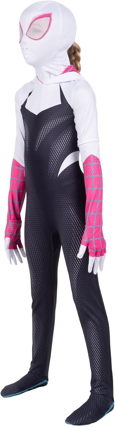 image:imageMARVEL SpiderGwen Official Youth Zentai Halloween Costume Hooded Spandex Jumpsuit with Printed Design and Pull On MaskM 810