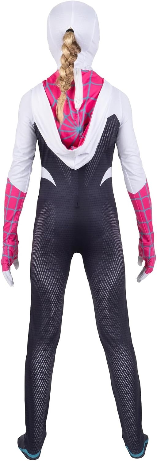 image:imageMARVEL SpiderGwen Official Youth Zentai Halloween Costume Hooded Spandex Jumpsuit with Printed Design and Pull On MaskS 57