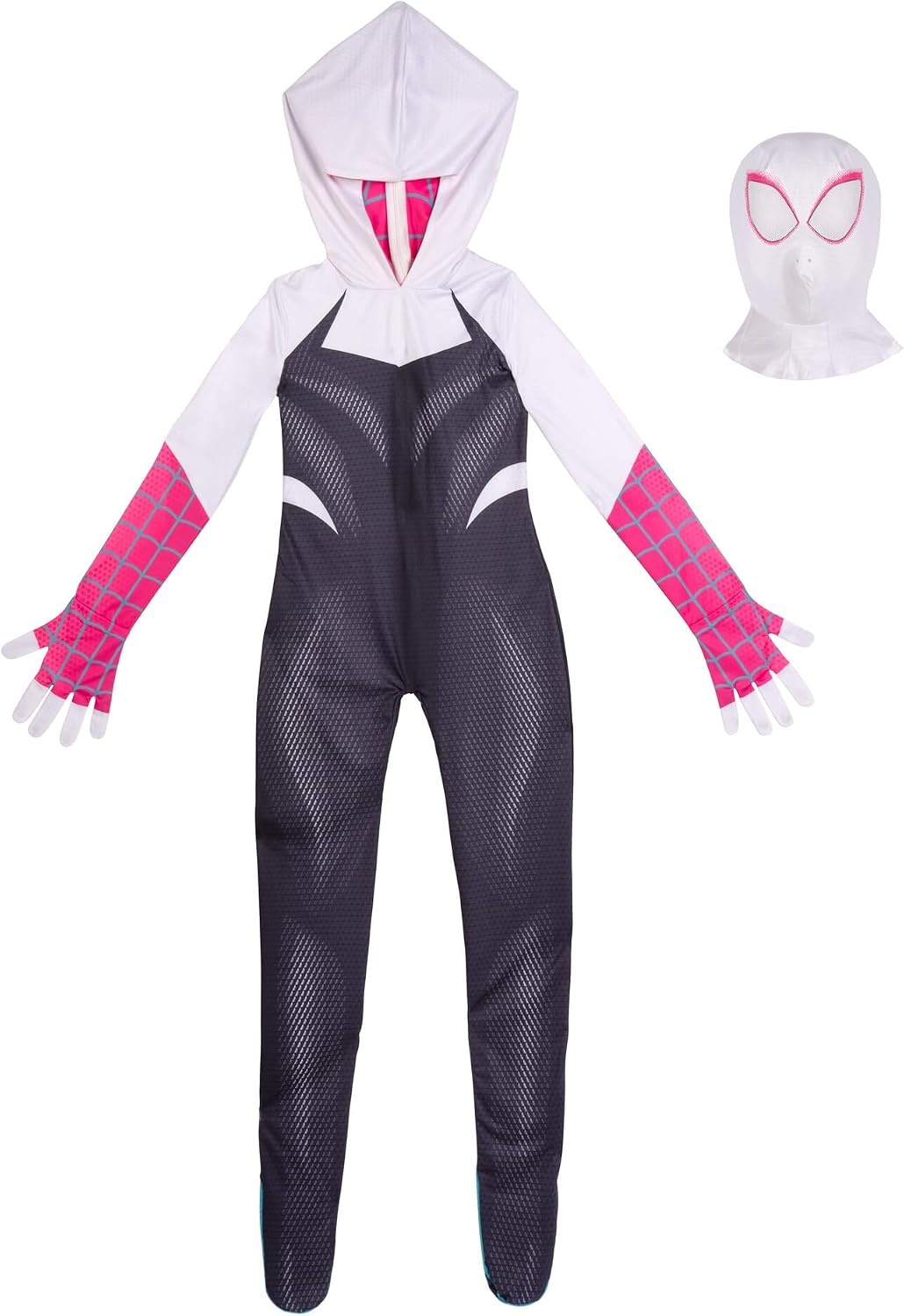image:imageMARVEL SpiderGwen Official Youth Zentai Halloween Costume Hooded Spandex Jumpsuit with Printed Design and Pull On MaskS 57