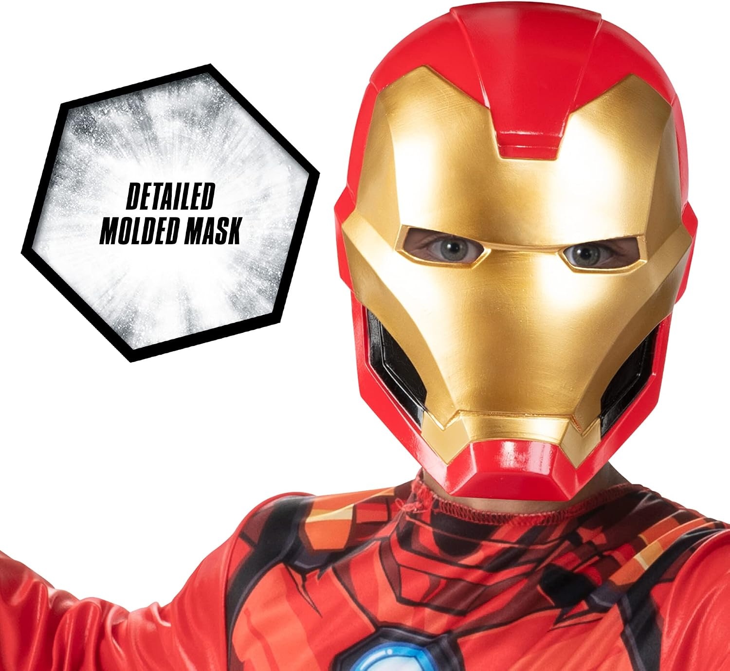 image:imageMarvel Iron Man Official Youth Halloween Costume Premium Quality Fabric Jumpsuit with Printed Design and Plastic MaskM 810