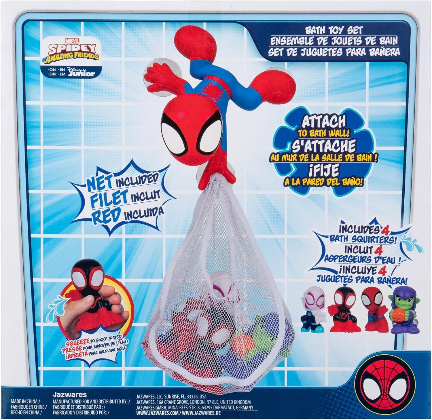image:imageMarvel Spidey and His Amazing Friends Bath Toy Set Spidey Wall Mount with Web Net and Four Bath Squirters