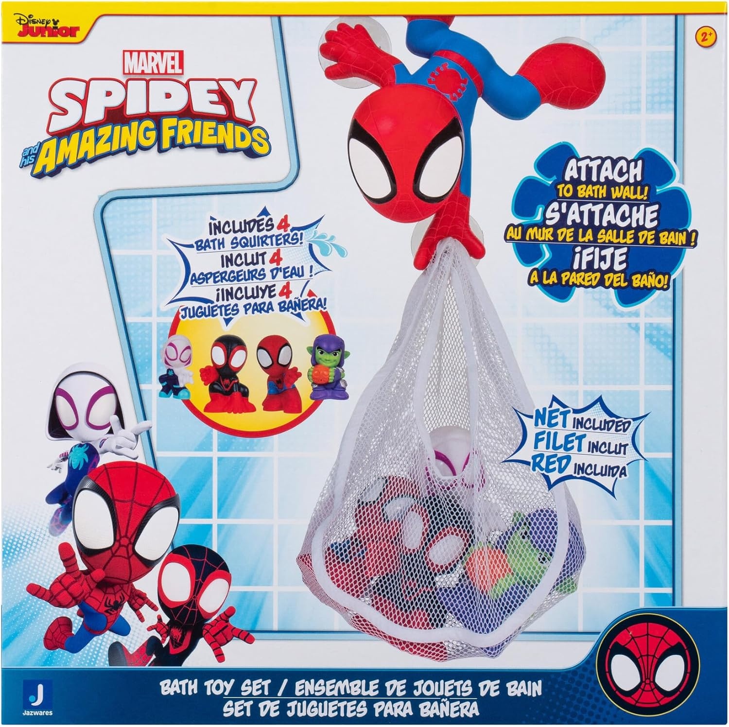 image:imageMarvel Spidey and His Amazing Friends Bath Toy Set Spidey Wall Mount with Web Net and Four Bath Squirters