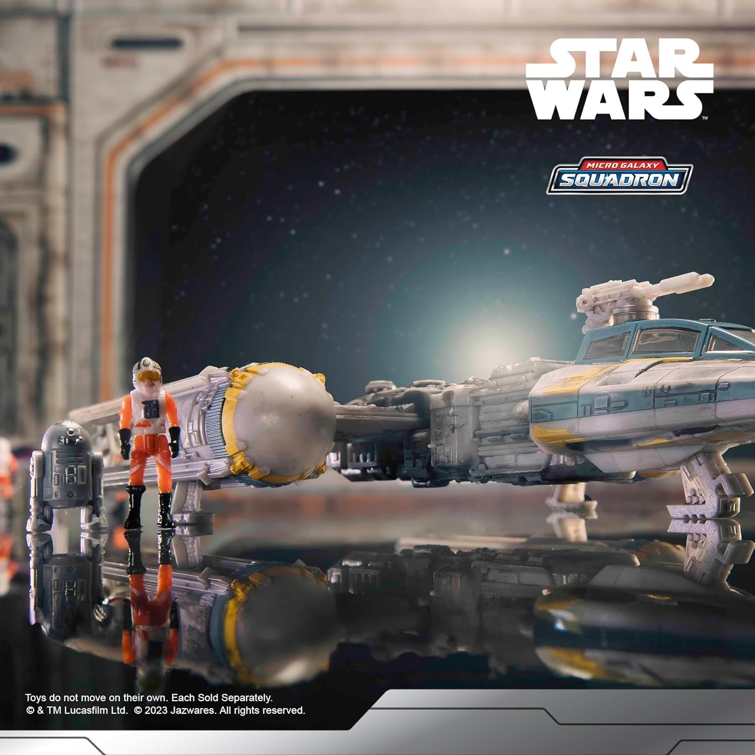 image:imageStar Wars Micro Galaxy Squadron Gold Leaders YWing 5Inch Starfighter Class Vehicle with 1Inch Jon Vander amp R2BHD Micro Figure AccessoriesGold Leaders YWing