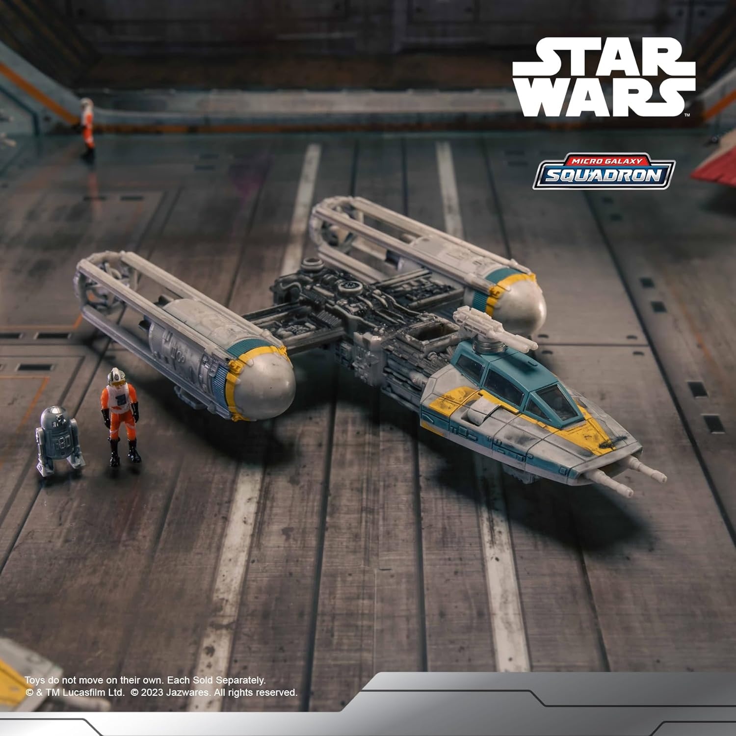 image:imageStar Wars Micro Galaxy Squadron Gold Leaders YWing 5Inch Starfighter Class Vehicle with 1Inch Jon Vander amp R2BHD Micro Figure AccessoriesGold Leaders YWing