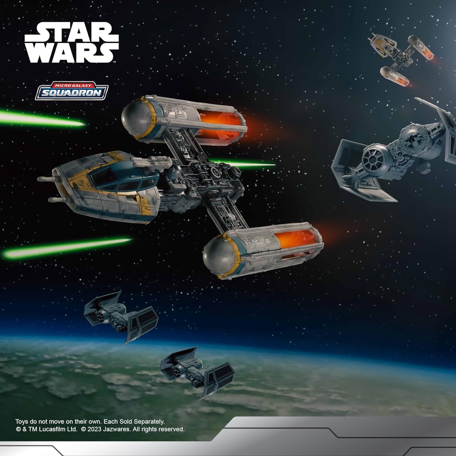 image:imageStar Wars Micro Galaxy Squadron Gold Leaders YWing 5Inch Starfighter Class Vehicle with 1Inch Jon Vander amp R2BHD Micro Figure AccessoriesGold Leaders YWing
