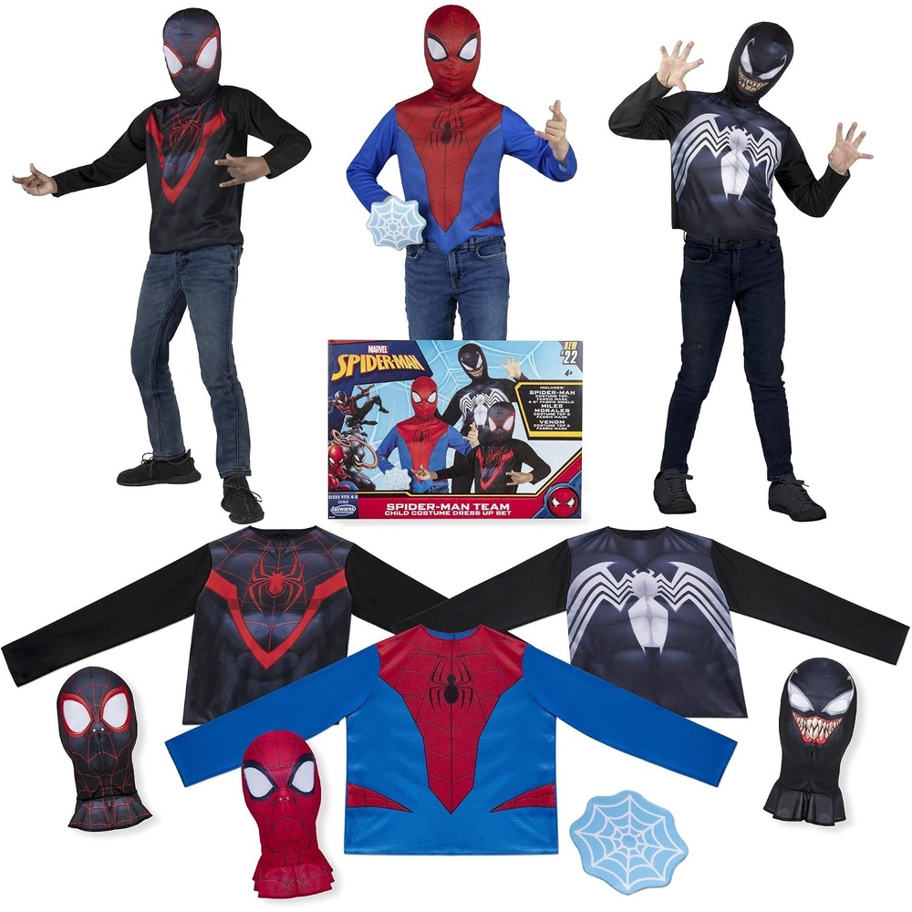 image:imageMarvel SpiderMan Team Halloween Costume Dress Up Box MediumSize LongSleeved Tops and Fabric Masks for SpiderMan Miles Morales and Venom Size M 810