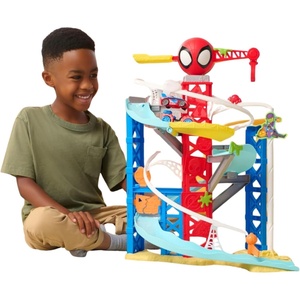 image:imageJazwares Marvel Spidey and His Amazing Friends Construction Zone Chaos Track Set  2Foot High Dual Race Track with Zip Line Play Zones and Exclusive Vehicles
