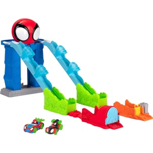 image:imageMarvel Spidey and His Amazing Friends Spideys Mega Jump HQ Track  39Inch Dual Race Track with Elevator Control Center Web Tunnels and Two Exclusive Amazing Metals Vehicles
