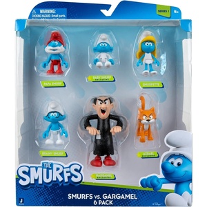 image:imageThe Smurfs GARGAMEL VS Smurfs 6 Figure Multipack  Features 2Inch Smurfette Papa Smurf Brainy Smurf Baby Smurf Azrael 3Inch Gargamel  Authentic Details Blue