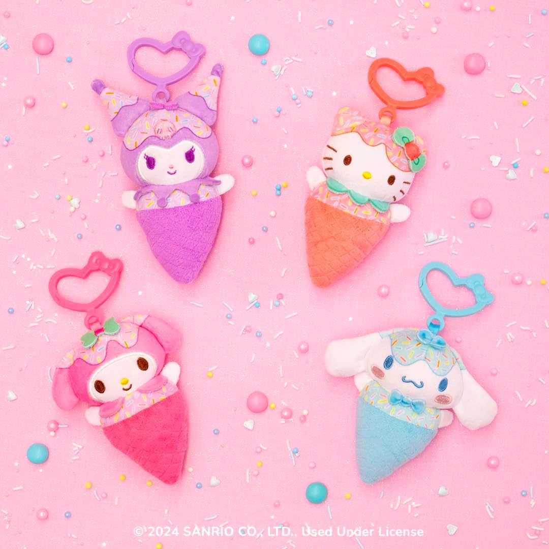 image:imageHello Kitty and Friends 4Pack Ice Cream ClipOn Plush Featuring Hello Kitty Kuromi My Melody and Cinnamoroll with Unique Bow ClipsIce Cream