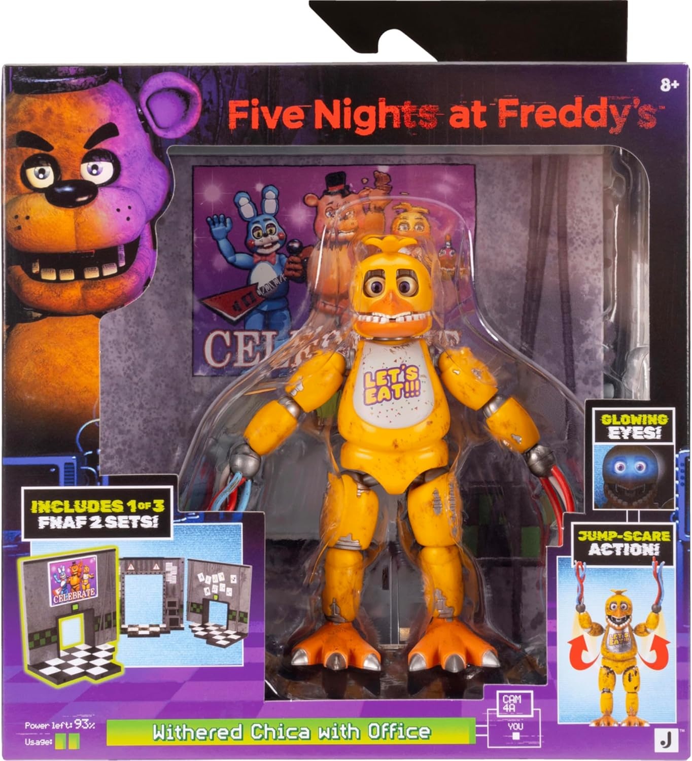 image:imageJazwares Five Nights at Freddys Withered Chica Office Set 5Inch Articulated Figure with Jumpscare Feature GlowinTheDark Eyes and Optical Diorama