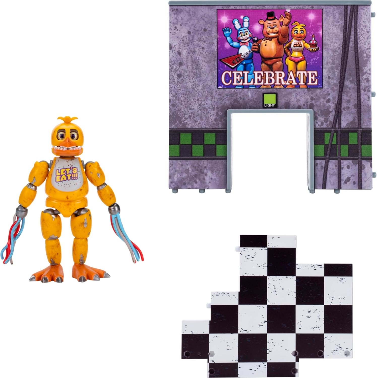 image:imageJazwares Five Nights at Freddys Withered Chica Office Set 5Inch Articulated Figure with Jumpscare Feature GlowinTheDark Eyes and Optical Diorama