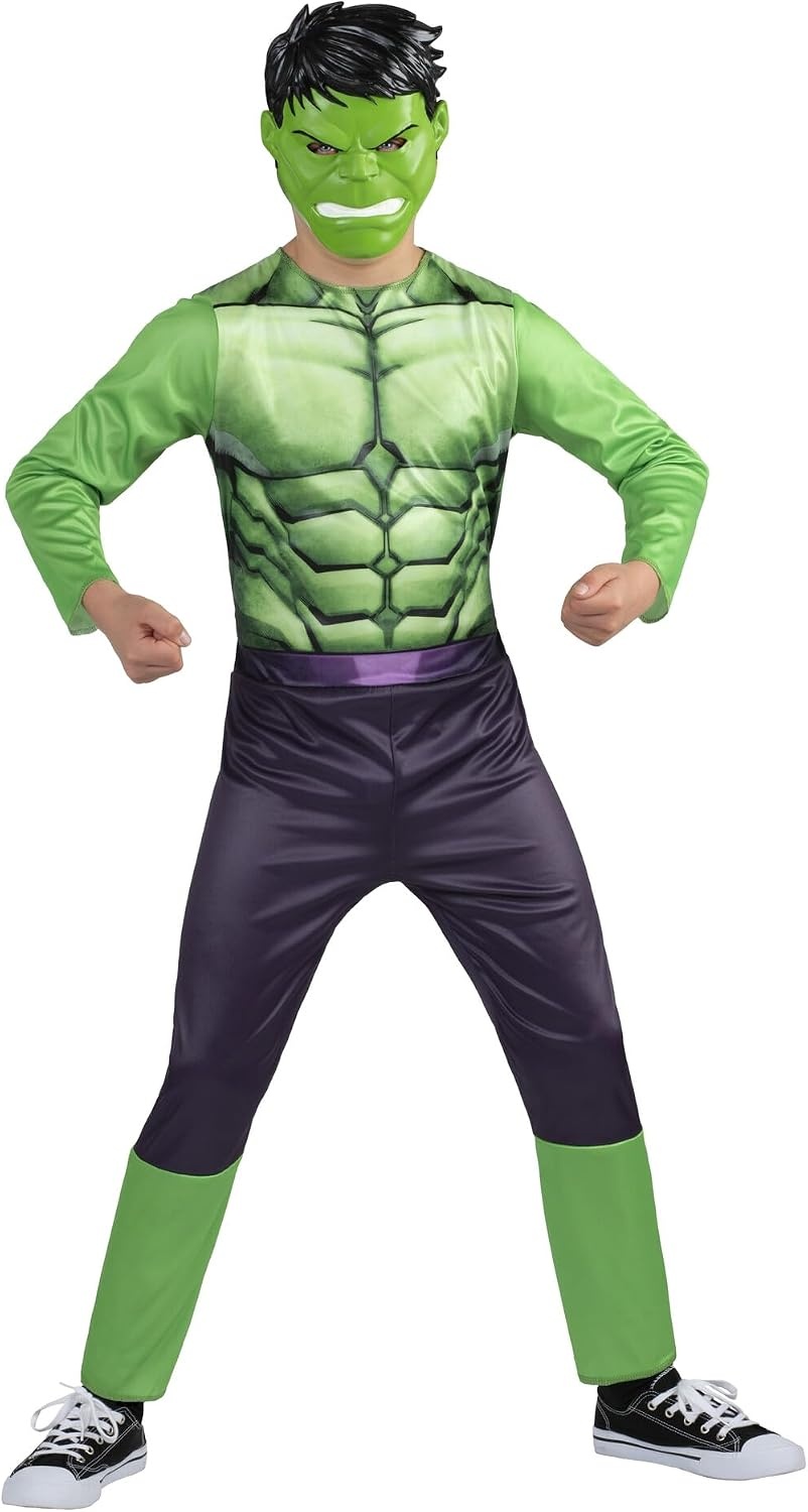 image:imageMARVEL Hulk Official Youth Halloween Costume Premium Quality Fabric Jumpsuit with Printed Design and Plastic MaskM 810