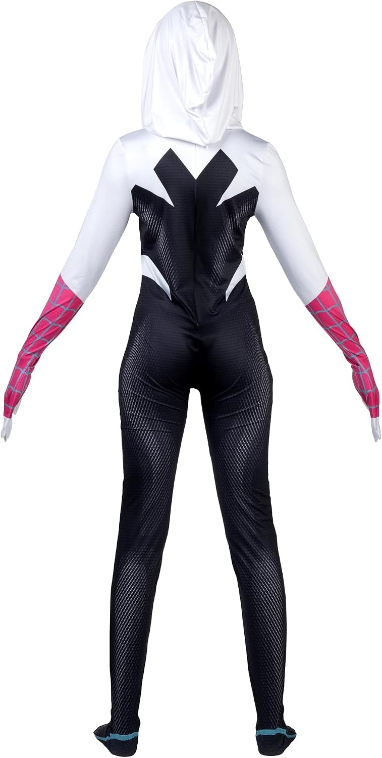 image:imageMARVEL SpiderGwen Official Adult Zentai Halloween Costume Hooded Spandex Jumpsuit with Printed Design and Pull On MaskXs