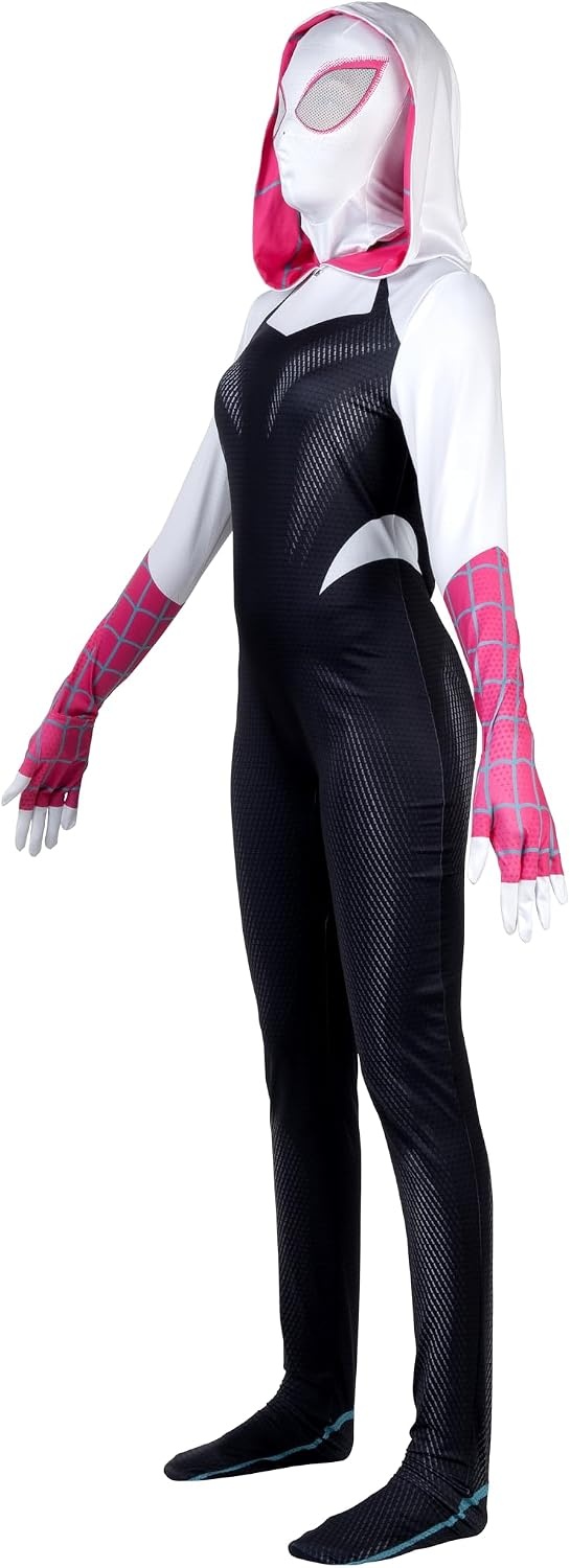 image:imageMARVEL SpiderGwen Official Adult Zentai Halloween Costume Hooded Spandex Jumpsuit with Printed Design and Pull On MaskXs