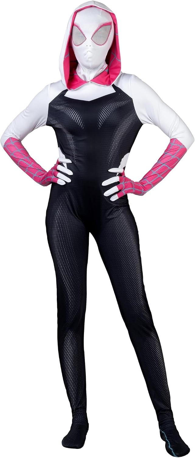 image:imageMARVEL SpiderGwen Official Adult Zentai Halloween Costume Hooded Spandex Jumpsuit with Printed Design and Pull On MaskXs