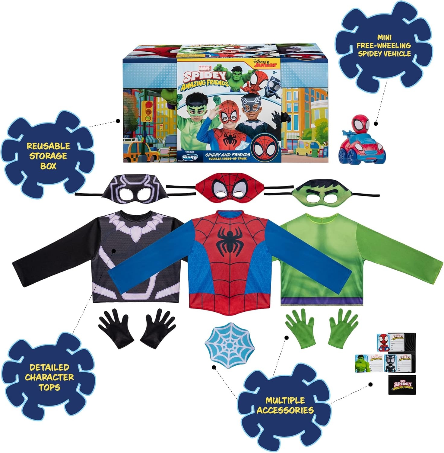 image:imageMARVEL Spidey Friends Child Halloween Costume DressUp Box Tops Gloves and Plastic Masks of Spidey Hulk and Black Panther 3T4T