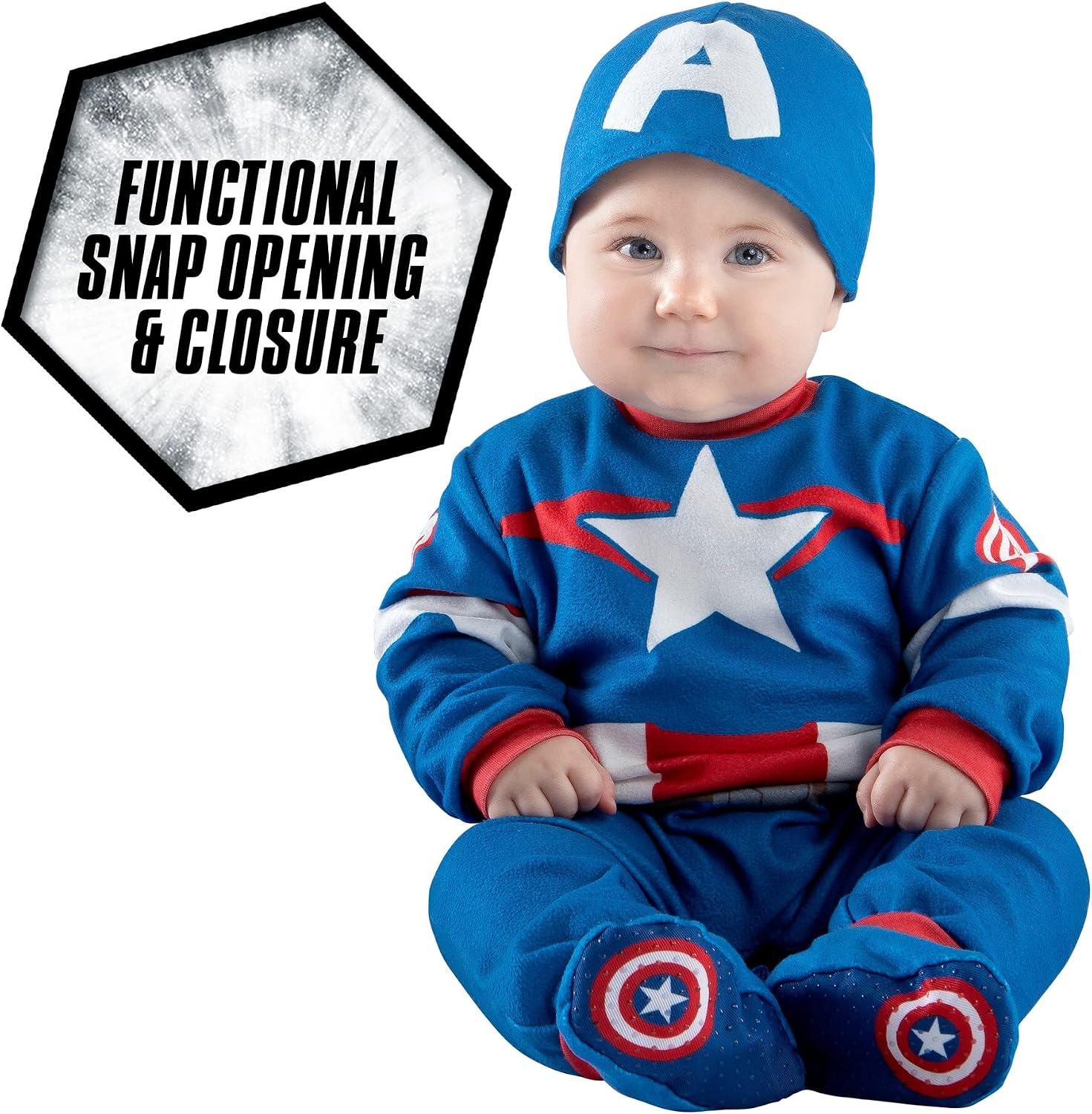 image:imageMarvel Captain America Official Infant Halloween Costume Premium Minky Fabric Jumpsuit and NonSlip Booties06m