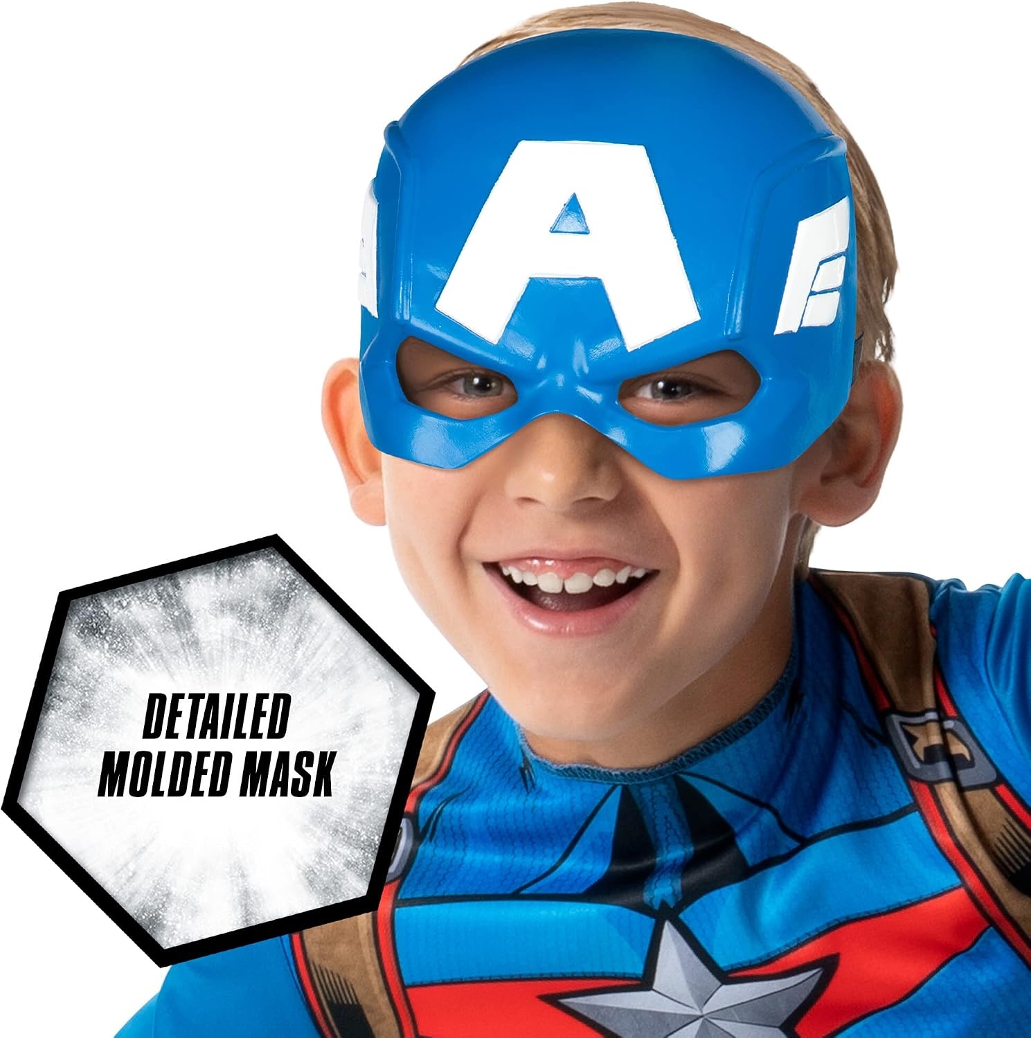 image:imageMarvel Captain America Official Youth Costume Premium Fabric Jumpsuit with Printed Design and Plastic Half MaskL 1214