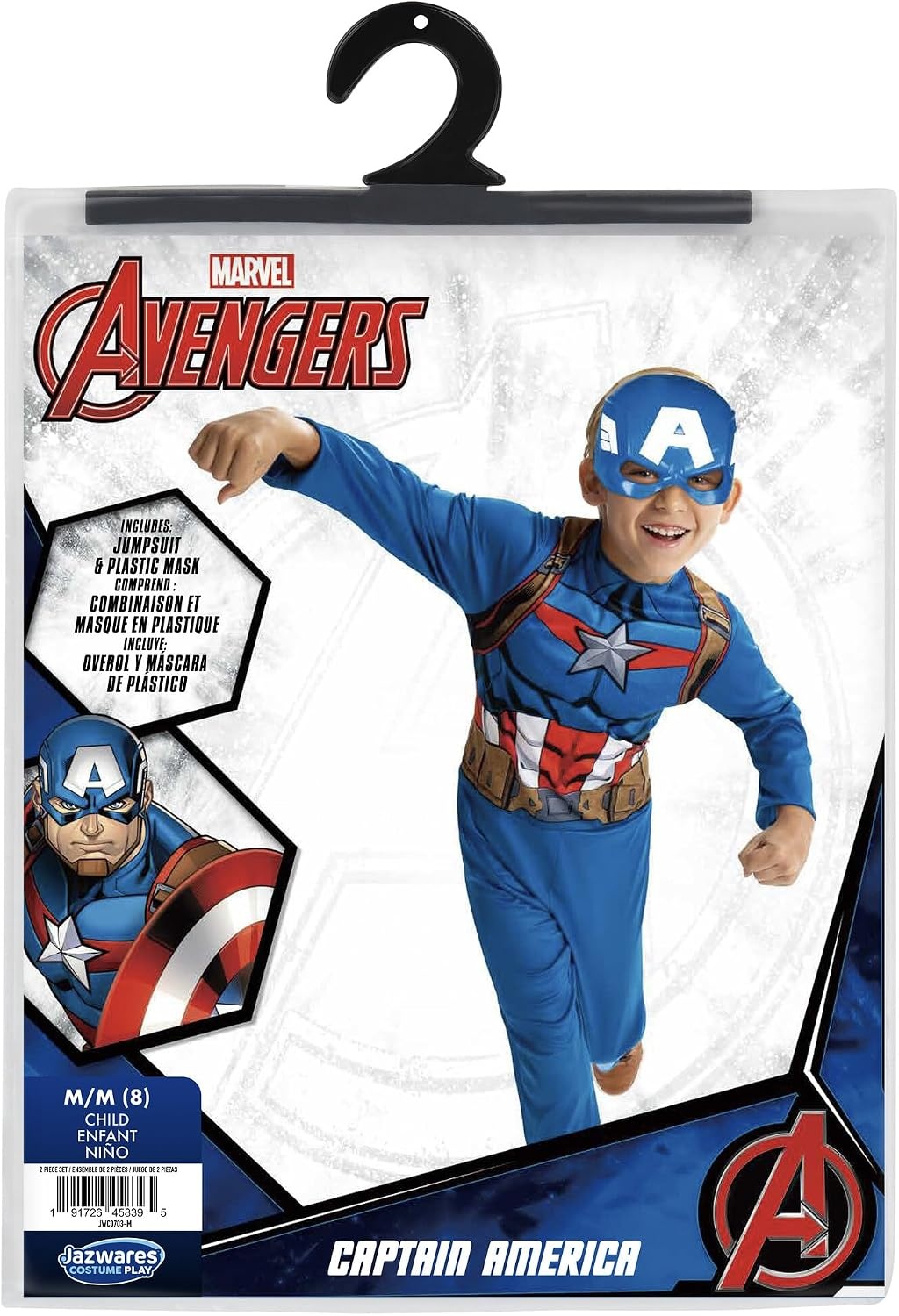 image:imageMarvel Captain America Official Youth Costume Premium Fabric Jumpsuit with Printed Design and Plastic Half MaskL 1214