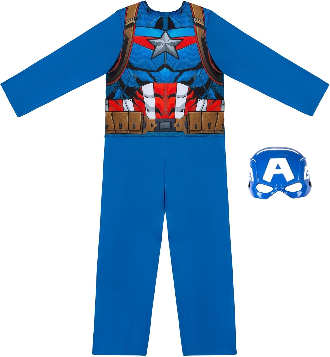 image:imageMarvel Captain America Official Youth Costume Premium Fabric Jumpsuit with Printed Design and Plastic Half MaskL 1214