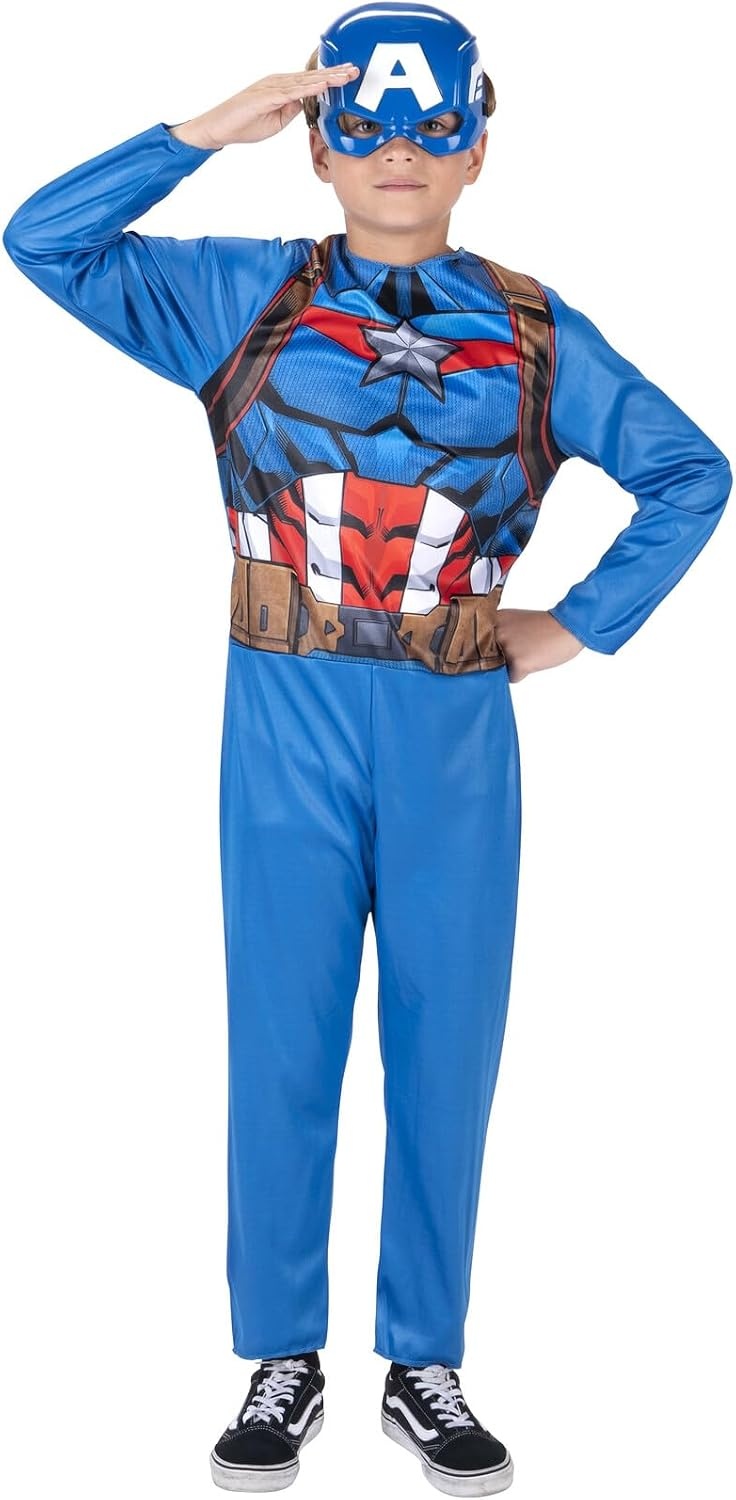 image:imageMarvel Captain America Official Youth Costume Premium Fabric Jumpsuit with Printed Design and Plastic Half MaskL 1214