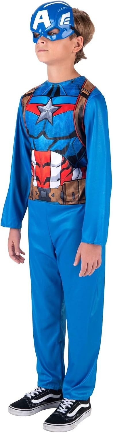 image:imageMarvel Captain America Official Youth Costume Premium Fabric Jumpsuit with Printed Design and Plastic Half MaskM 810