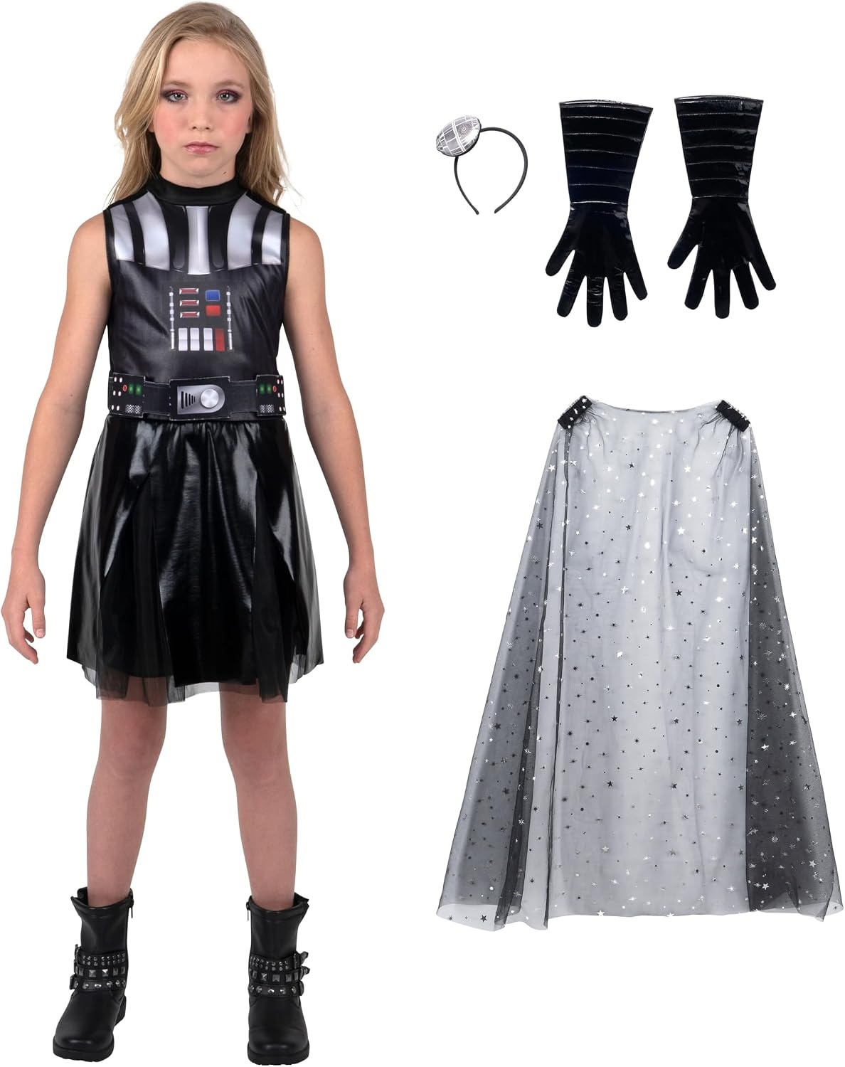 image:imageStar Wars Darth Vader Official Youth Halloween Dress Printed Dress with Detachable Cape Gauntlet Gloves and HeadbandL 1214