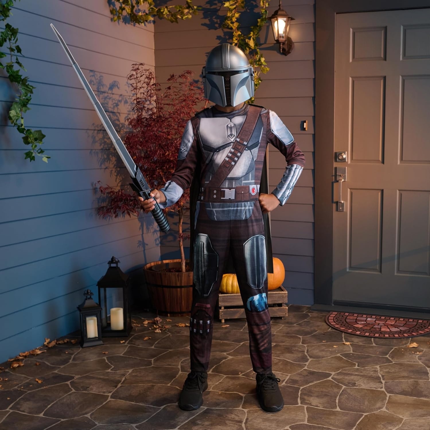image:imageStar Wars The Mandalorian Official Youth Costume Premium Light Up Padded Jumpsuit with Plastic Mask and Detachable CapeS 57