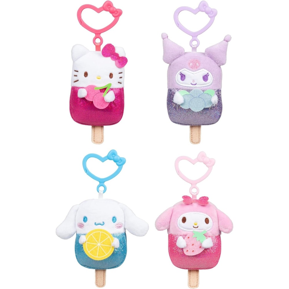 image:imageHello Kitty and Friends 4Pack Ice Cream ClipOn Plush Featuring Hello Kitty Kuromi My Melody and Cinnamoroll with Unique Bow ClipsPopsicle