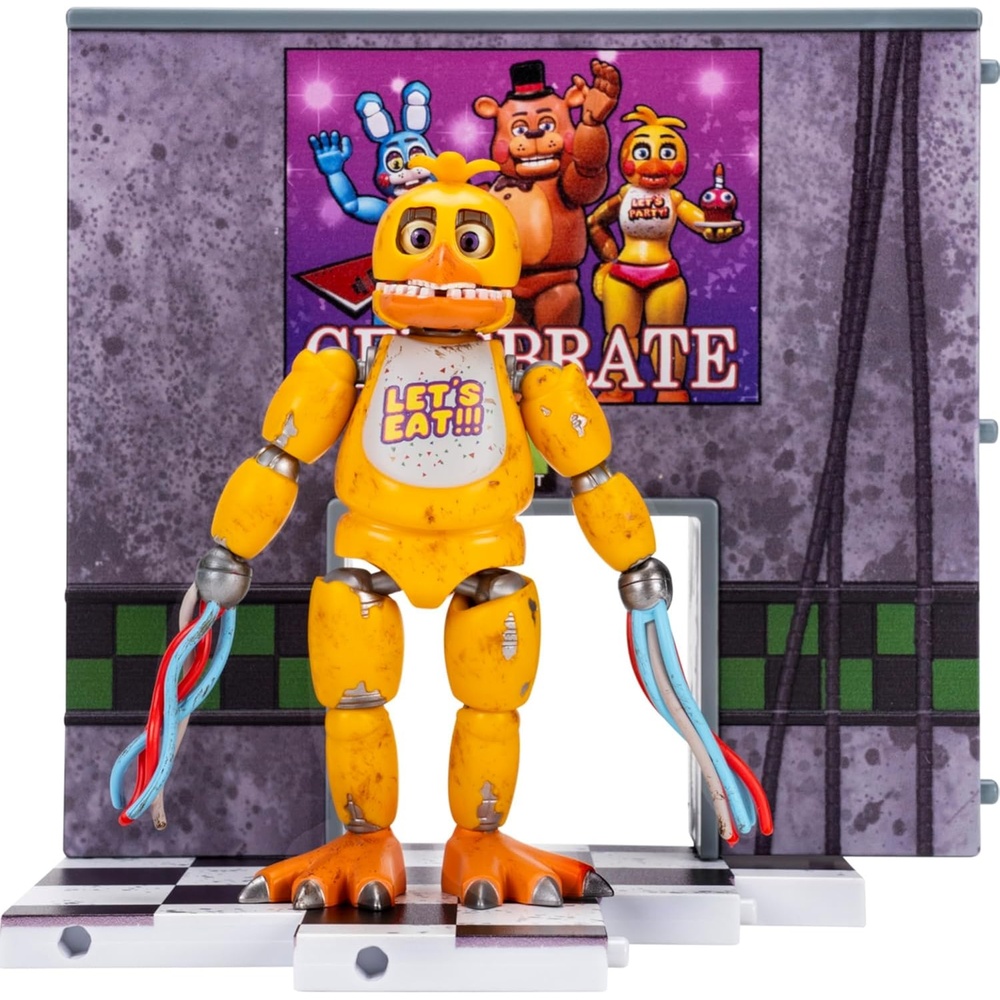 image:imageJazwares Five Nights at Freddys Withered Chica Office Set 5Inch Articulated Figure with Jumpscare Feature GlowinTheDark Eyes and Optical Diorama