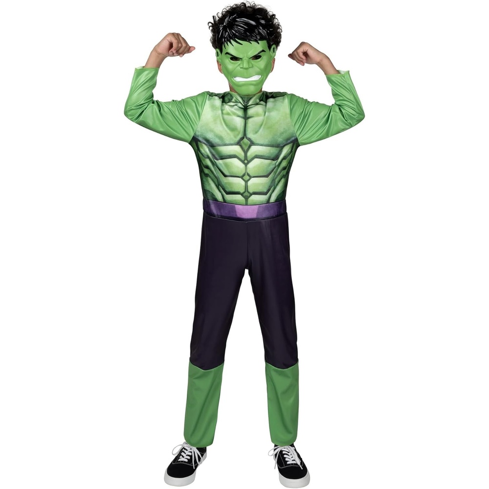 image:imageMARVEL Hulk Official Youth Halloween Costume Premium Quality Fabric Jumpsuit with Printed Design and Plastic MaskS 57