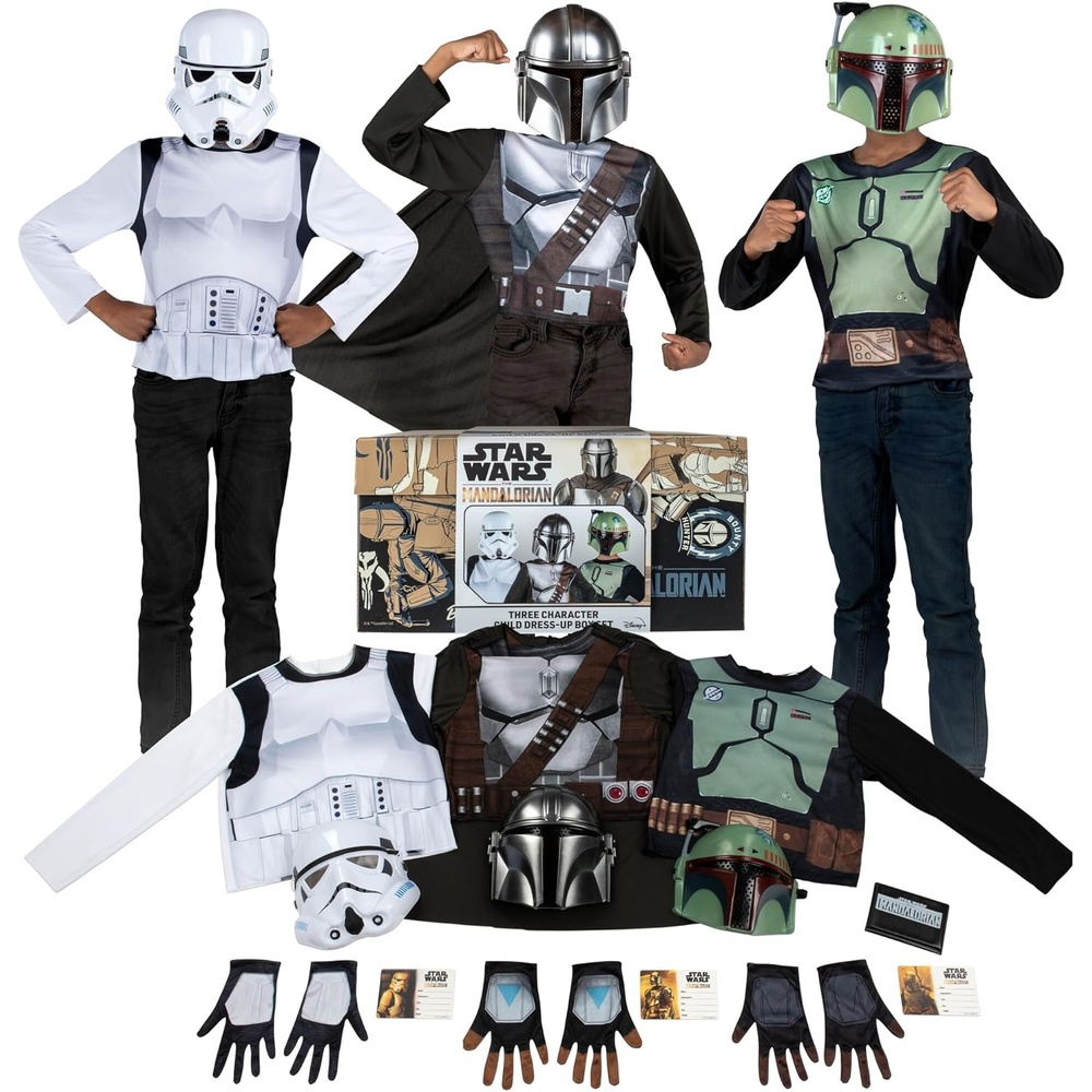 image:imageStar Wars The Mandalorian Child Halloween Costume DressUp Box Tops Gloves Masks and ID Cards of The Mandalorian Boba Fett and Stormtrooper Size M 810 Multi