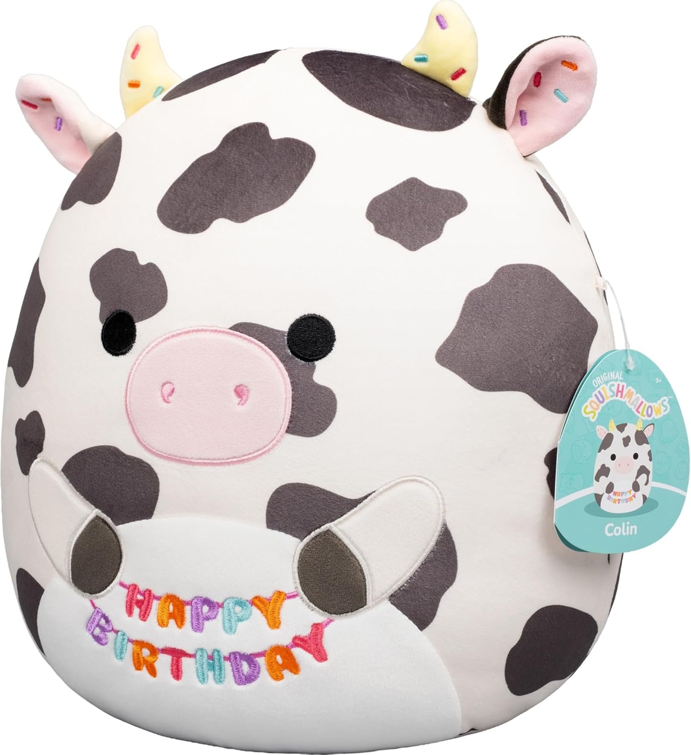 image:imageSquishmallows Original 12Inch Sharon The Teal Shark with Party Hat Confetti Belly Official Jazwares Happy Birthday Plush MediumSizedCow Holding happy Birthday Sign